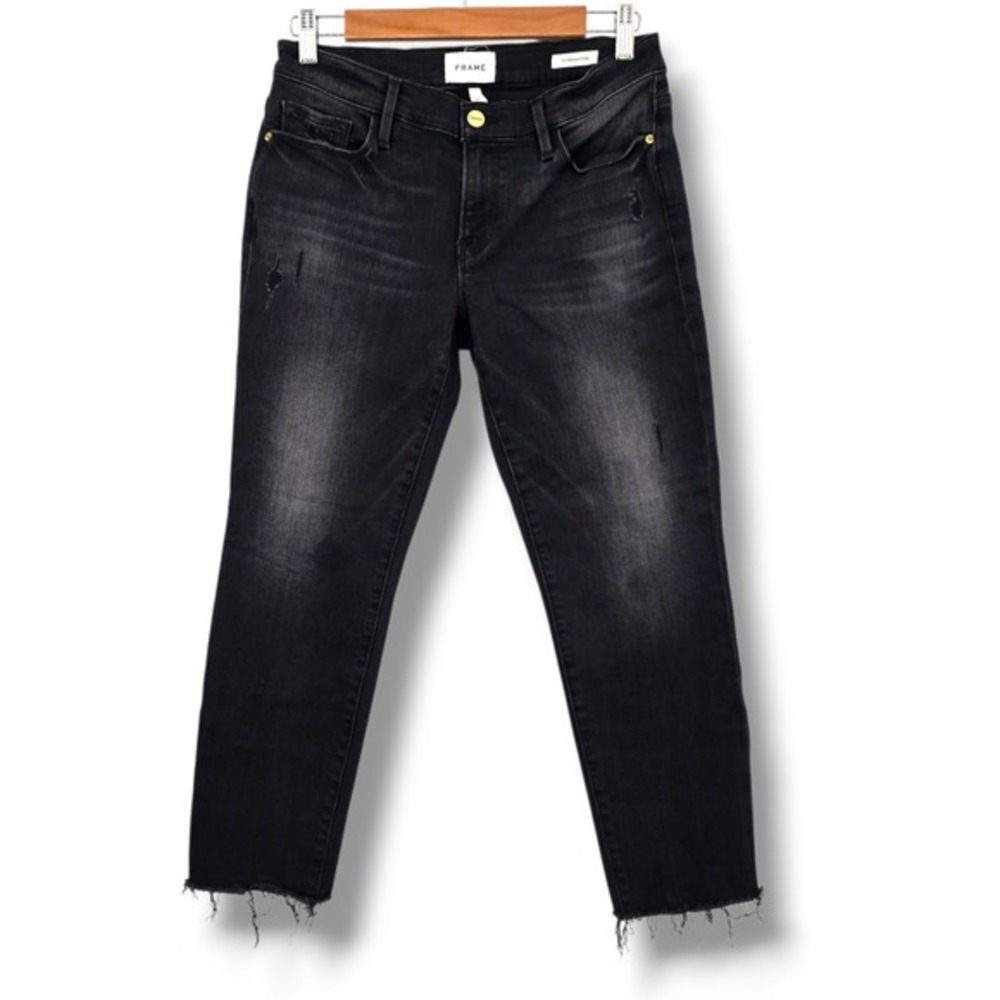 FRAME Le‎ Garcon Crop Black Wash Distressed Raw Hem Jeans Size 25